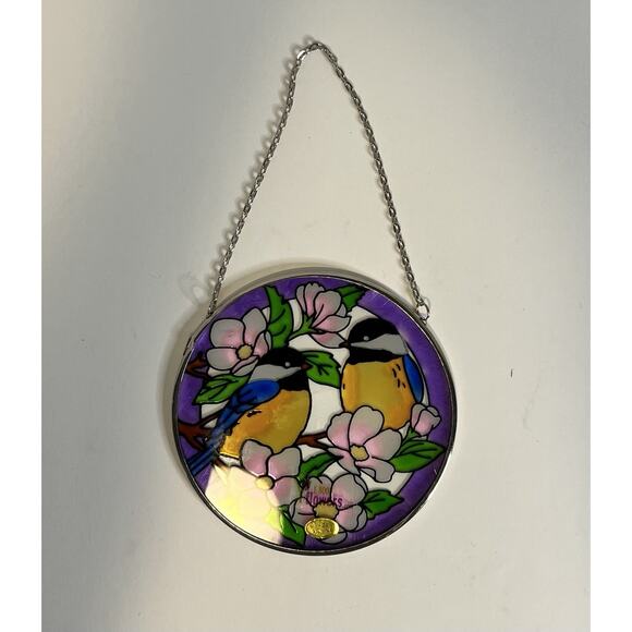 Stained Glass Flowers & Lovebirds Sun Catcher Window Hanging Purple Beautiful 5" - Picture 1 of 3